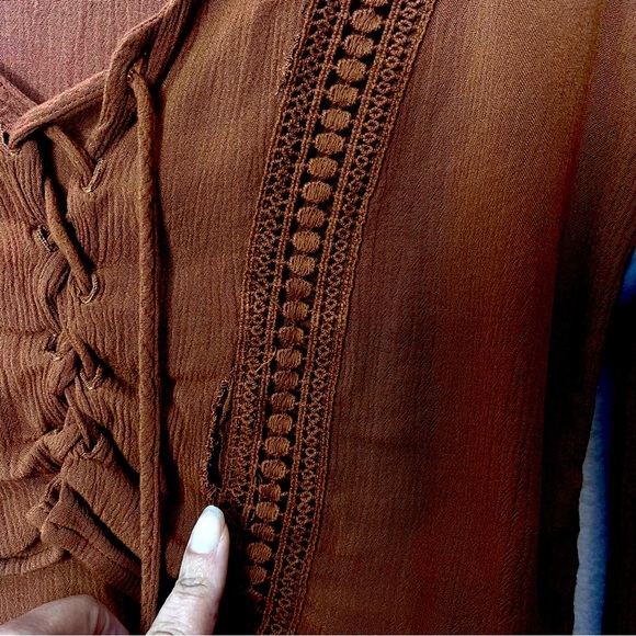 Forever 21 Women's Peasant Boho Brown crop blouse long Bell Sleeve Sz S Y2K - Picture 9 of 11